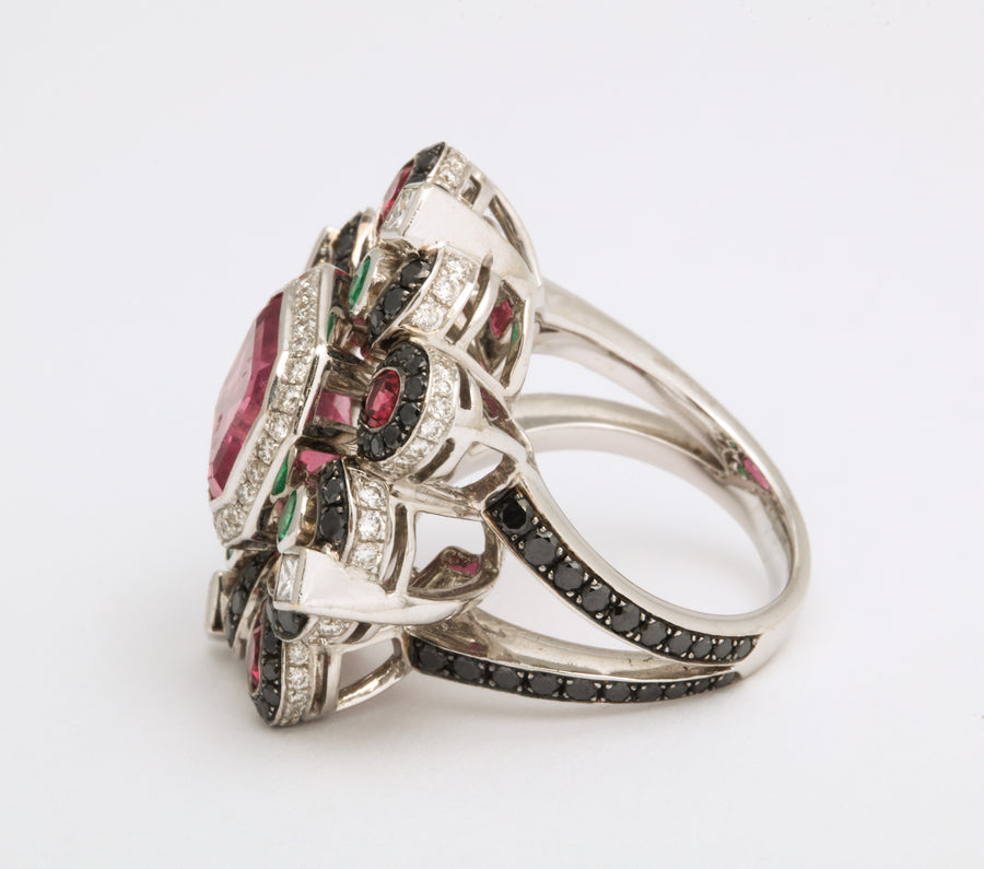 Emerald, Black Diamond, and Pink Tourmaline Shield Ring