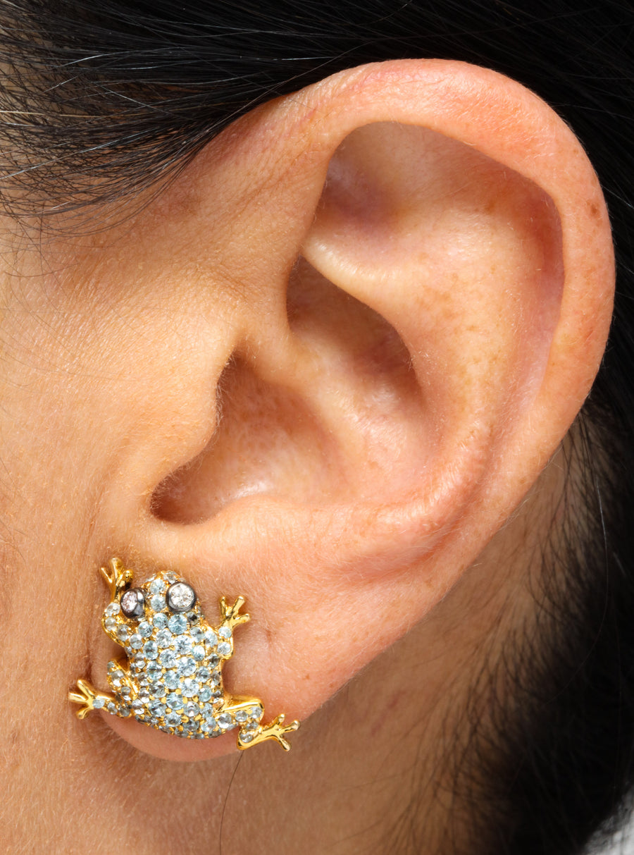 Blue Zircon Rose Gold Frog Earrings