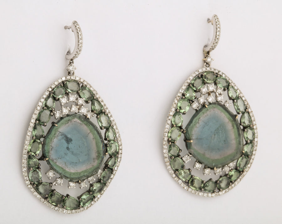 Green Tourmaline and White Gold Suspending Earrings