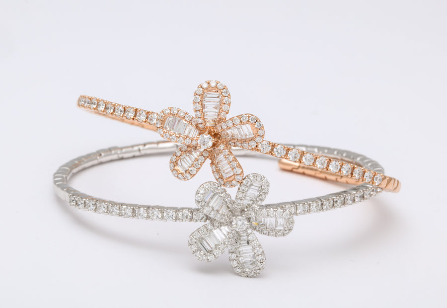 Diamond Baguette and White Gold Floral Clip Bracelet