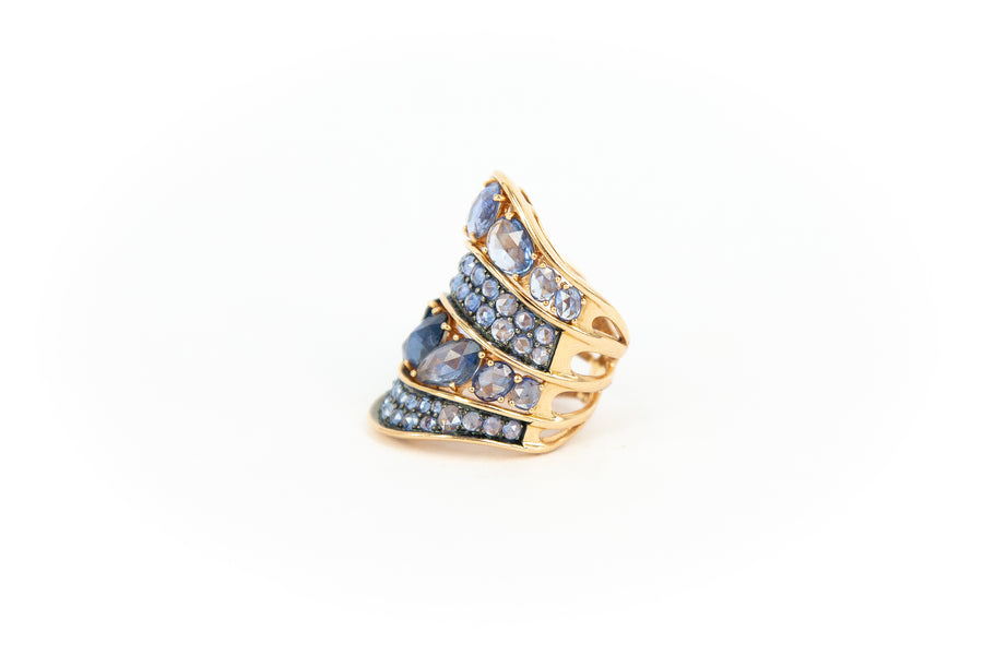 Rose Cut Blue Sapphire and Rose Gold Saddle Ring