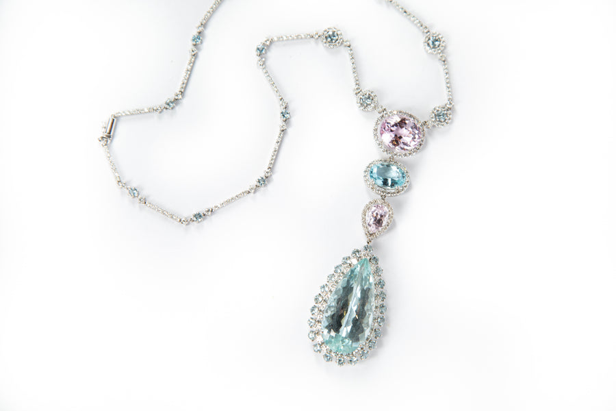 Aquamarine, Kunzite and Diamond Pendant Necklace