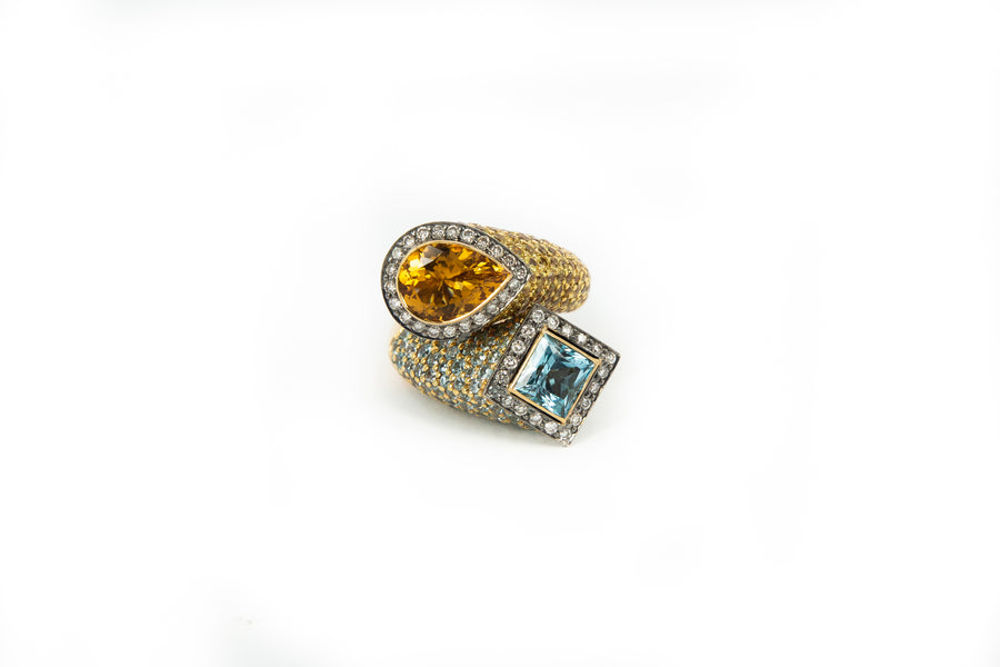 Asymmetric Toi et Moi Fancy Shape Colorstone and Diamond Ring