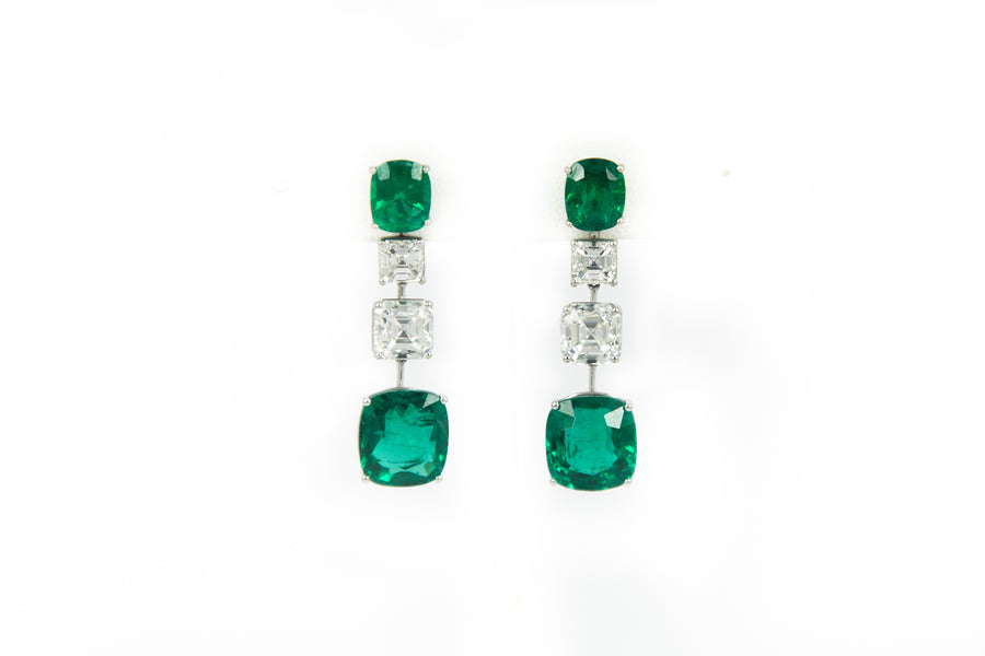 Emerald Cut Diamond and Cushion Shaped Emerald Pendulum Drop Earrings