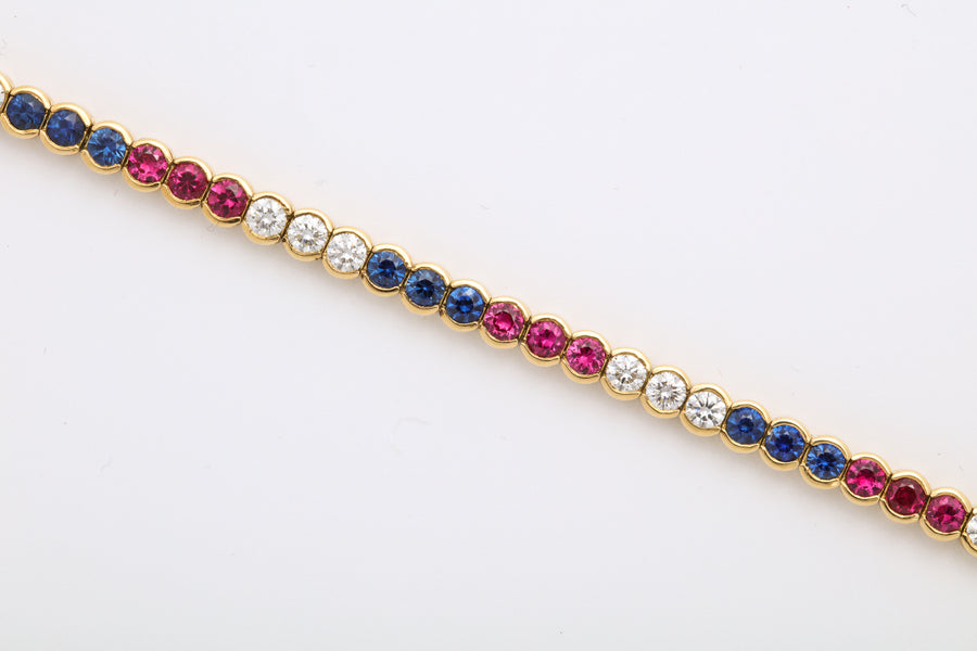 Ruby Red, Diamond White, and Sapphire Blue Tennis Bracelet