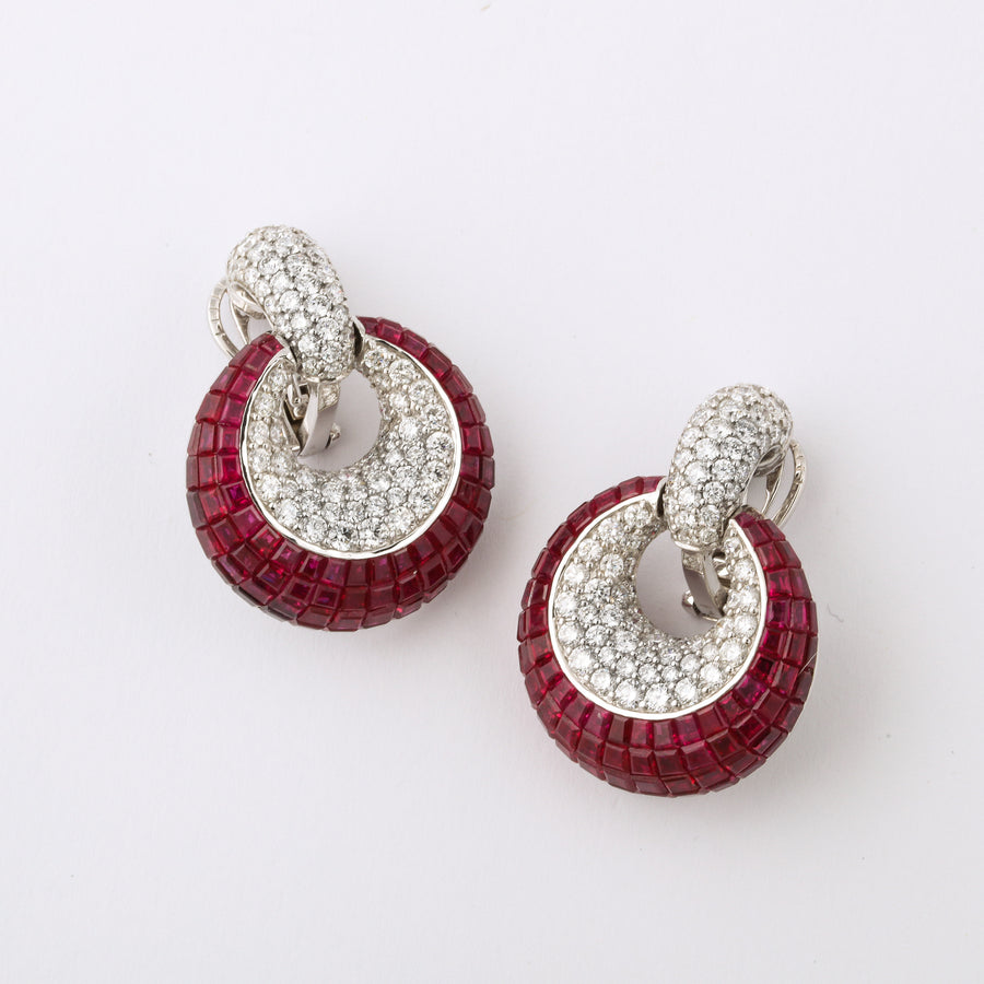Invisibly-set Ruby and Diamond Door Knocker Earrings