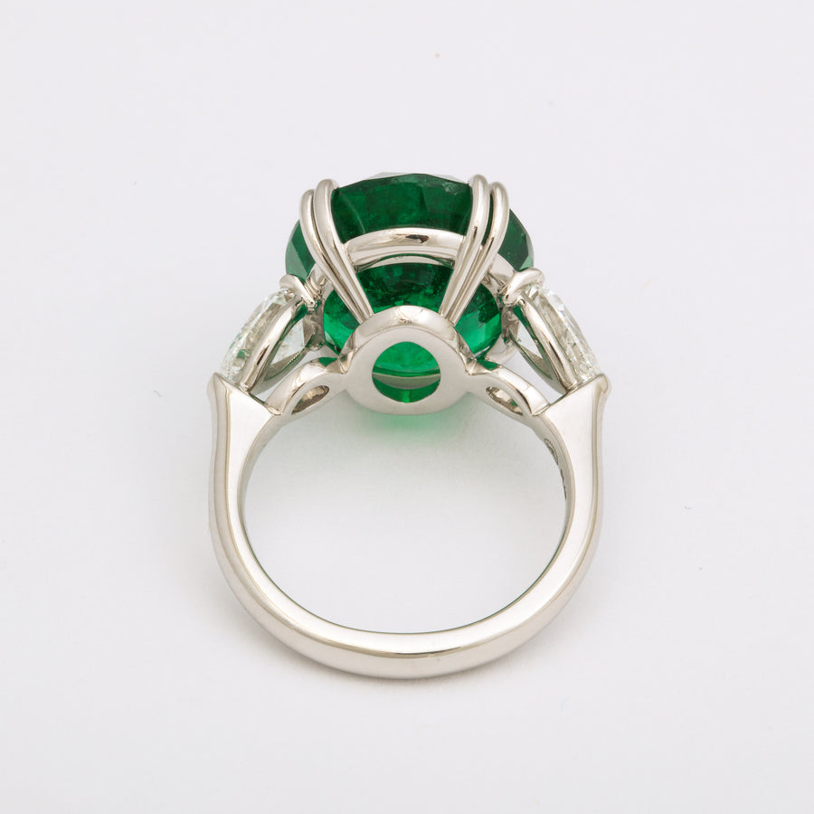Oval Emerald and Pear-shape Diamond 3-stone Platinum Cocktail Ring