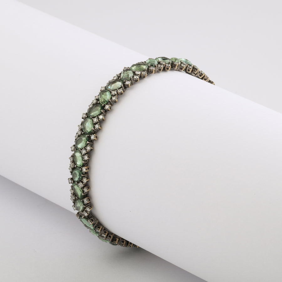 Green Sapphire, Diamond, and Jagged White Gold Stack Bracelet