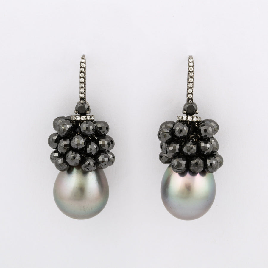 Black Diamond Cluster and Tahitian Grey Ear Pendants