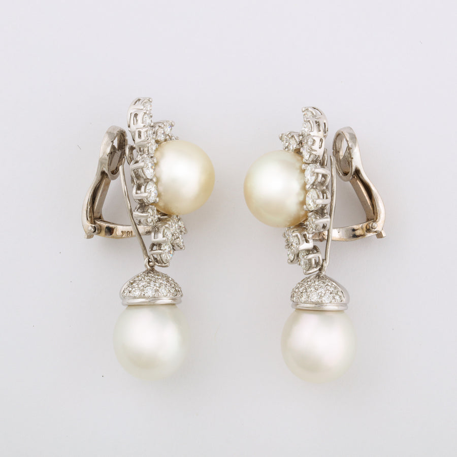 Diamond, Platinum, and South Sea Pearl Drop Earrings