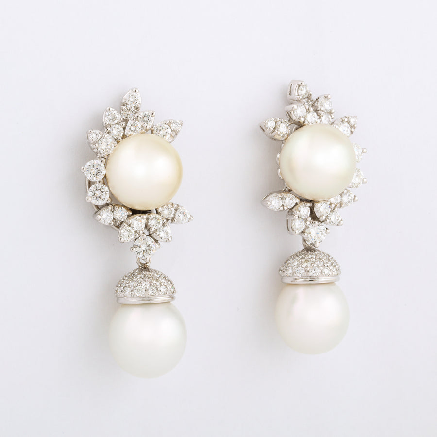 Diamond, Platinum, and South Sea Pearl Drop Earrings