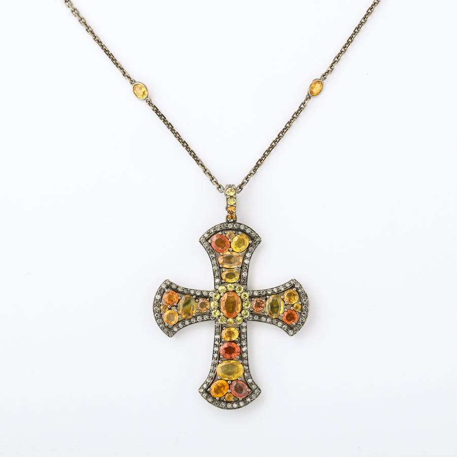 Stylized Gothic Multi Color Sapphire + Diamond Cross Necklace
