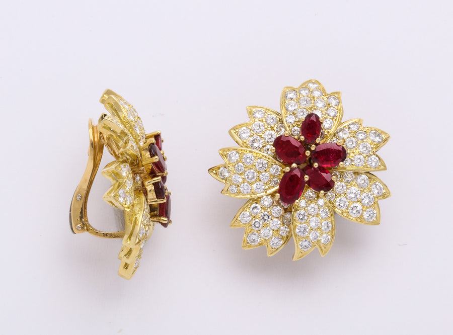Oval Ruby Diamond Flower Earrings