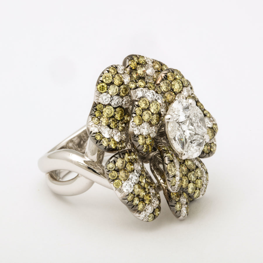 Multi Color Green + Colorless Diamond Floral Ring