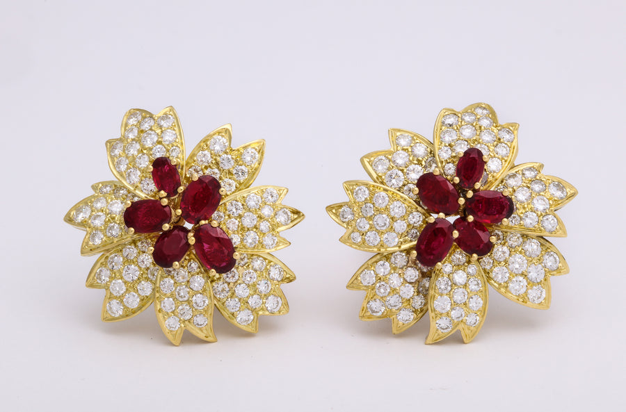 Oval Ruby Diamond Flower Earrings