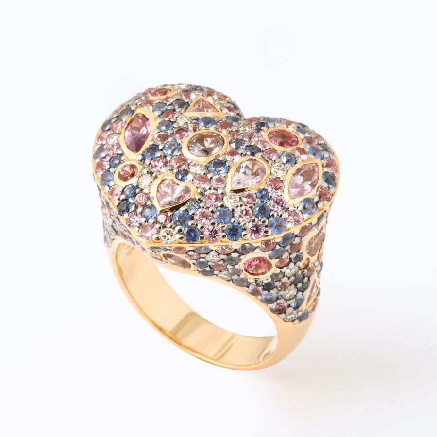 Fantasy Heart Shape Multi-Color Sapphire + Diamond Cocktail Ring