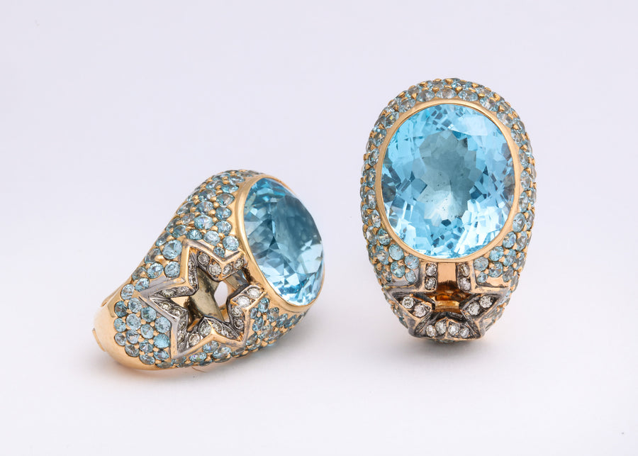Rose Gold, Oval Blue Topaz, and Diamond Earrings
