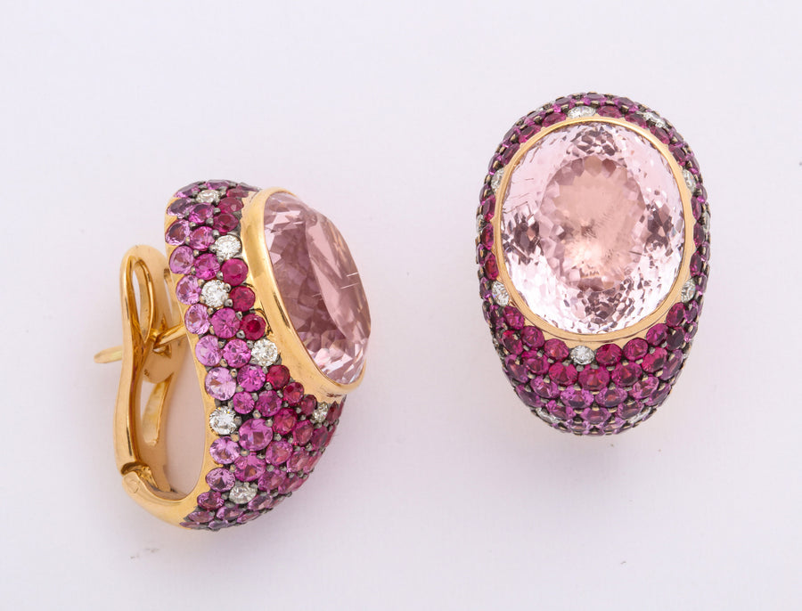 Rose Gold, Oval Kunzite, Sapphire Diamond Earrings