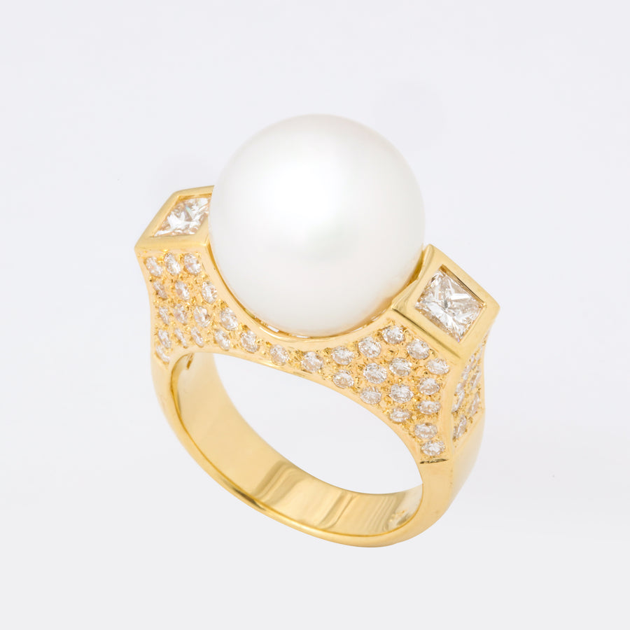 Modern 3-Stone South Sea Pearl + Princess-Cut Diamond Cocktail Ring