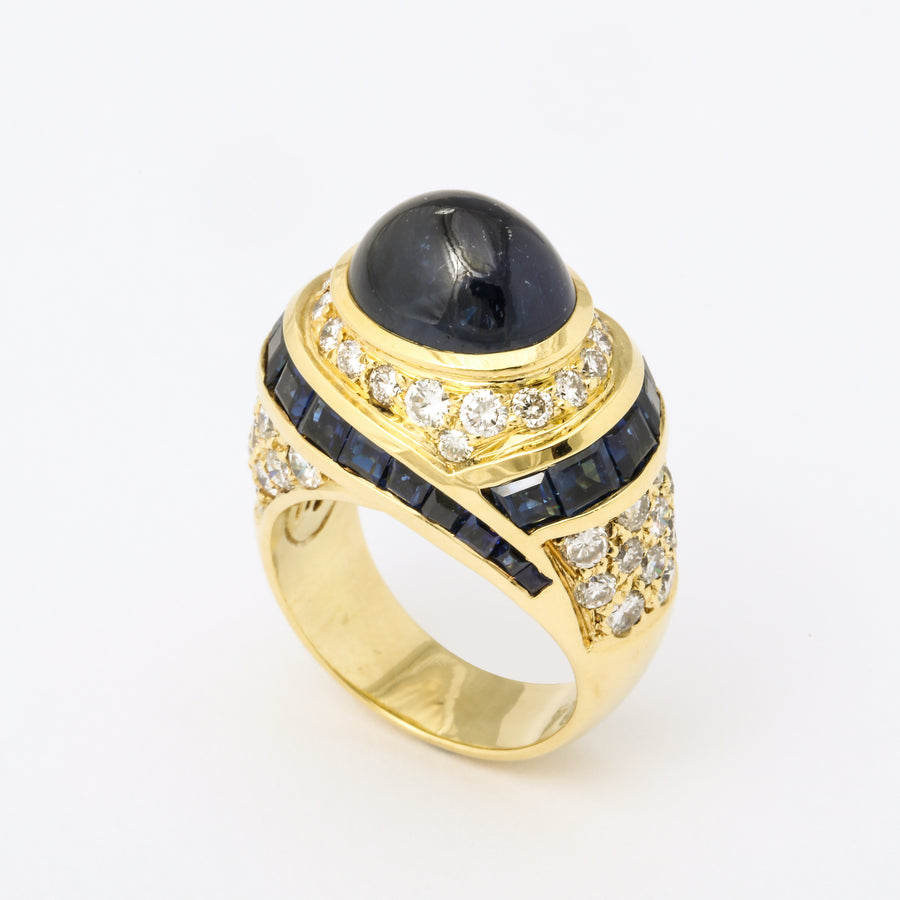 Sugar Loaf Dome + Cabochon Sapphire + Diamond Cocktail Ring