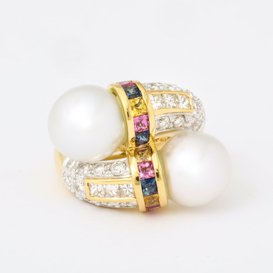 Toi et Moi South Sea Pearl Multicolor Sapphire + Diamond Cocktail Ring