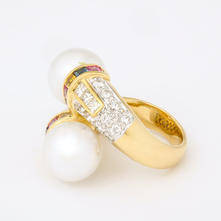 Toi et Moi South Sea Pearl Multicolor Sapphire + Diamond Cocktail Ring