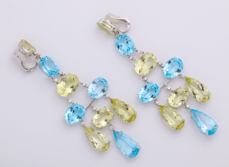 White Gold, Blue Topaz, Peridot Diamond Chandelier Earrings