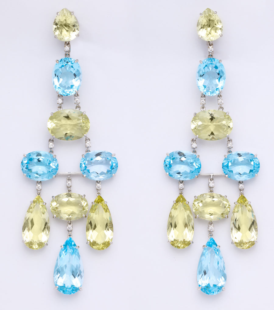 White Gold, Blue Topaz, Peridot Diamond Chandelier Earrings