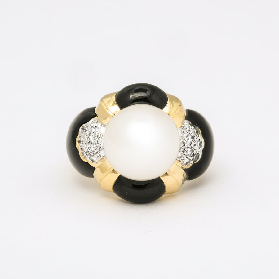 Art Deco Style South Sea Pearl Diamond + Black Jade Cocktail Ring