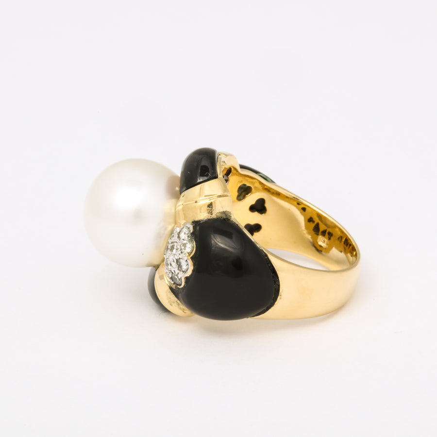 Art Deco Style South Sea Pearl Diamond + Black Jade Cocktail Ring