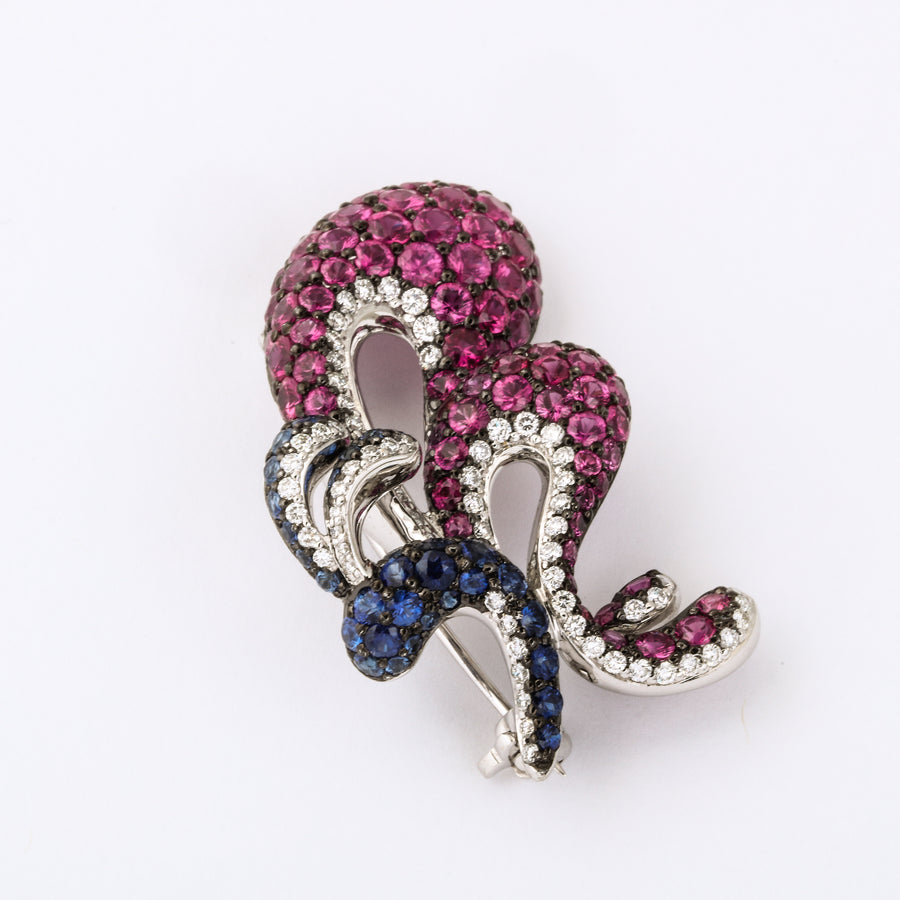 Stylized Blue + Pink Sapphire and Diamond Butterfly Brooch