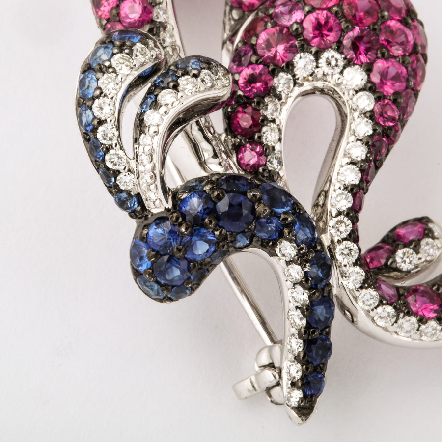 Stylized Blue + Pink Sapphire and Diamond Butterfly Brooch