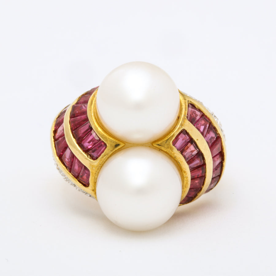 Double Pearl, Ruby, + Diamond Cocktail Ring
