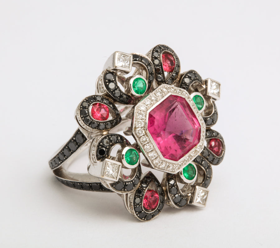 Emerald, Black Diamond, and Pink Tourmaline Shield Ring