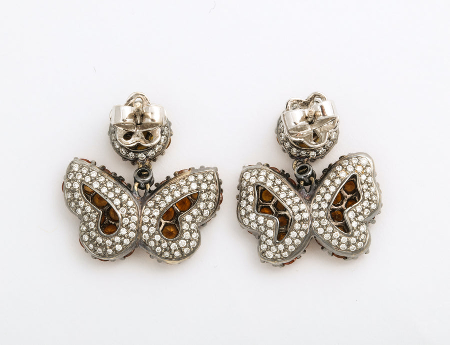 Diamond and Sapphire Drop Butterfly Ear Pendants