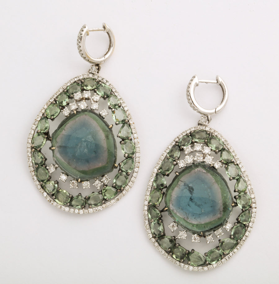 Green Tourmaline and White Gold Suspending Earrings