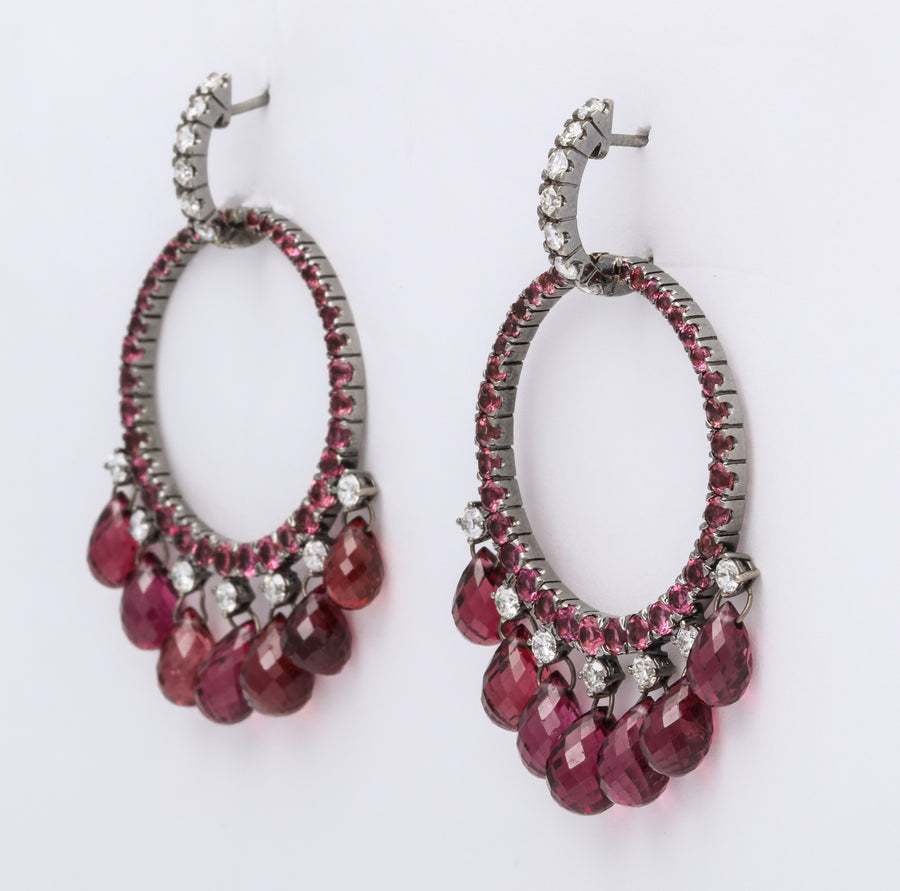 Pink Tourmaline, Briolette, and Diamond Door Knocker Earrings
