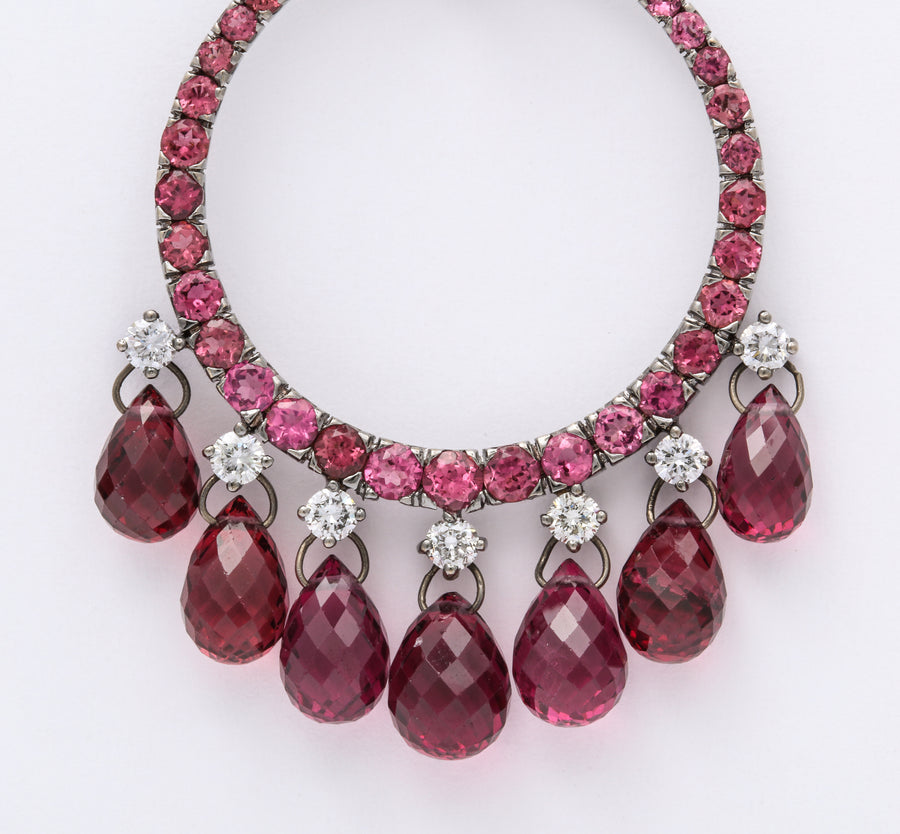 Pink Tourmaline, Briolette, and Diamond Door Knocker Earrings