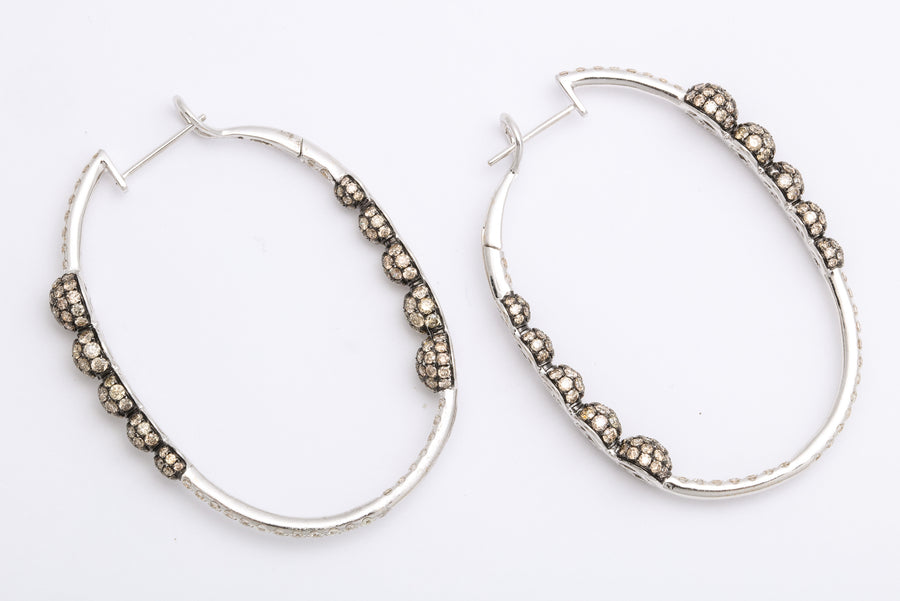 White Gold, Colorless and Cognac Diamond Hoop Earrings