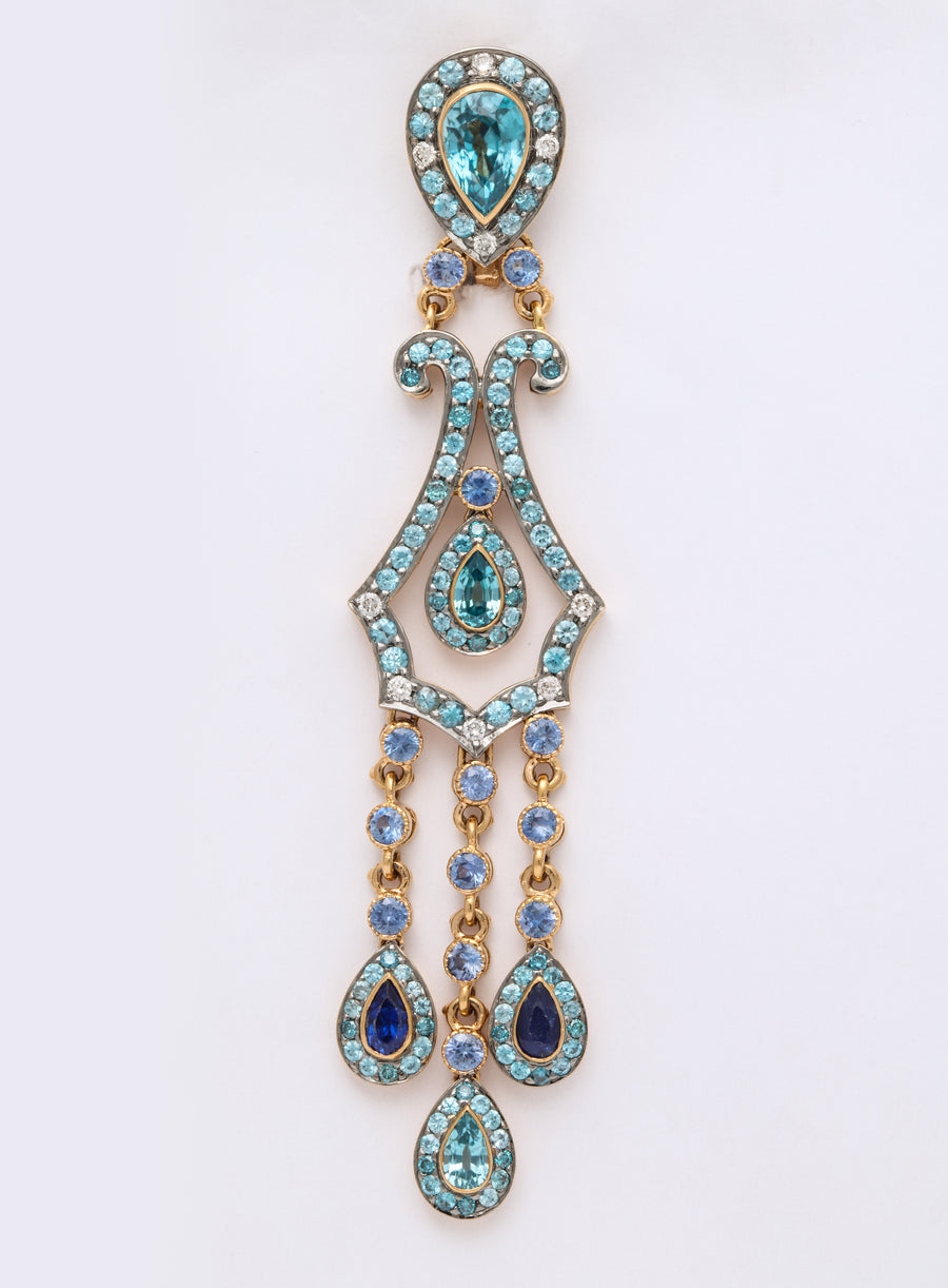Blue Zircon, Sapphire, Diamond and Rose Gold Chandelier Earrings