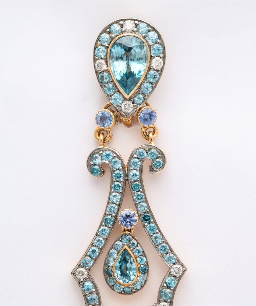 Blue Zircon, Sapphire, Diamond and Rose Gold Chandelier Earrings