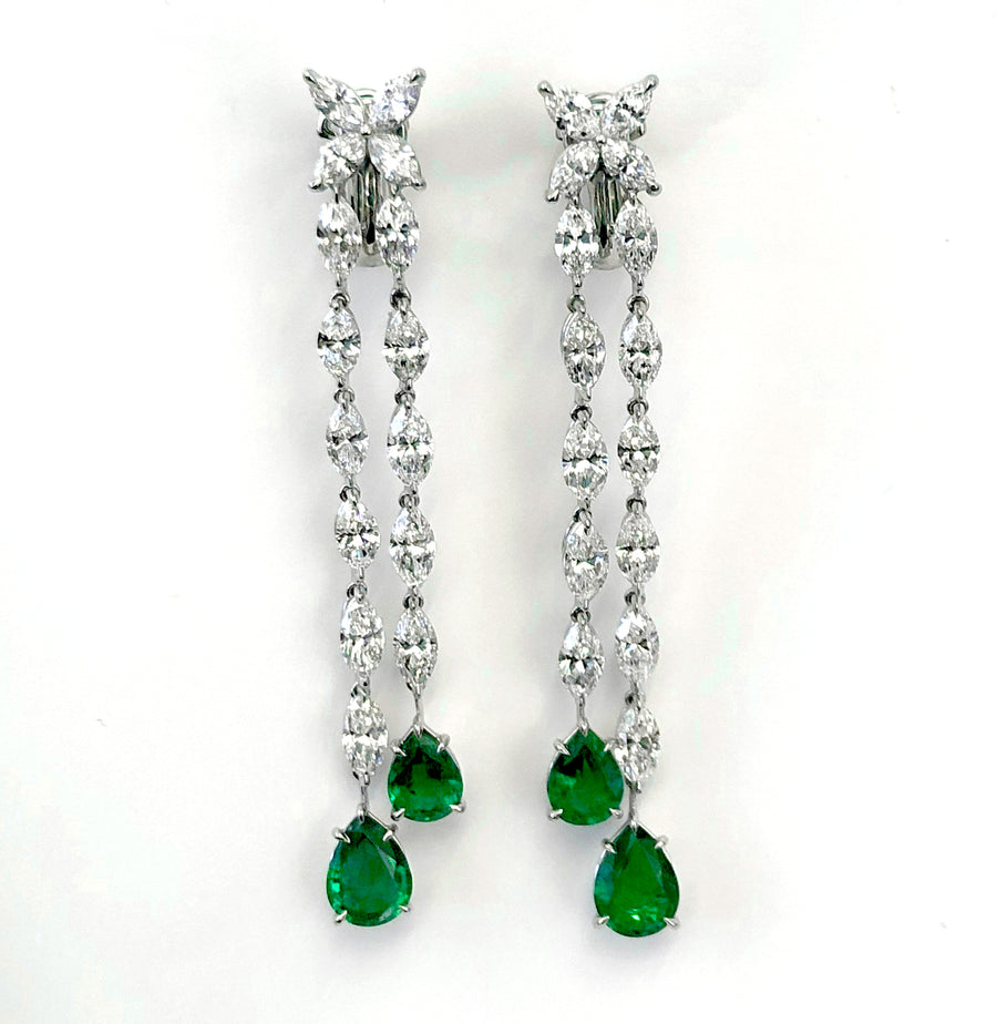 Marquise Diamond and Emerald Sweep Platinum Chandelier Earrings
