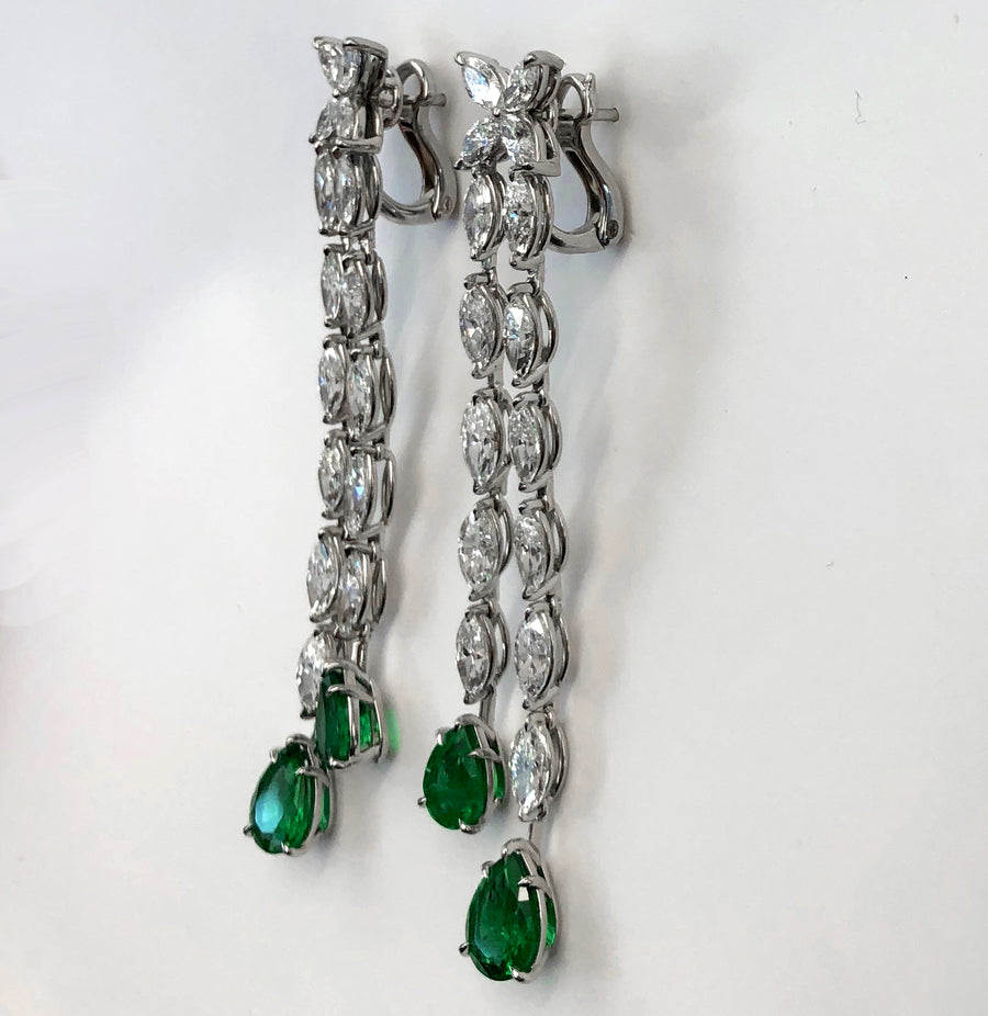 Marquise Diamond and Emerald Sweep Platinum Chandelier Earrings