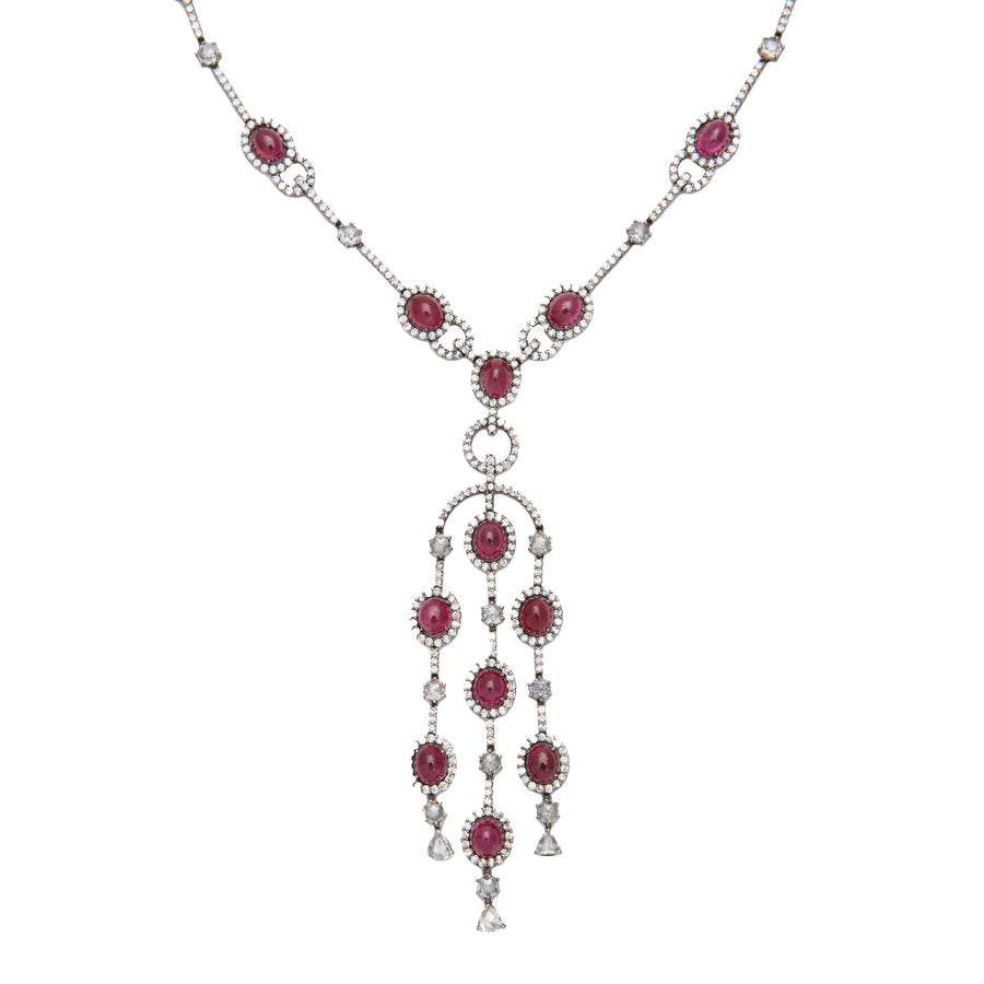 Plunging Cabochon Ruby and Diamond Necklace