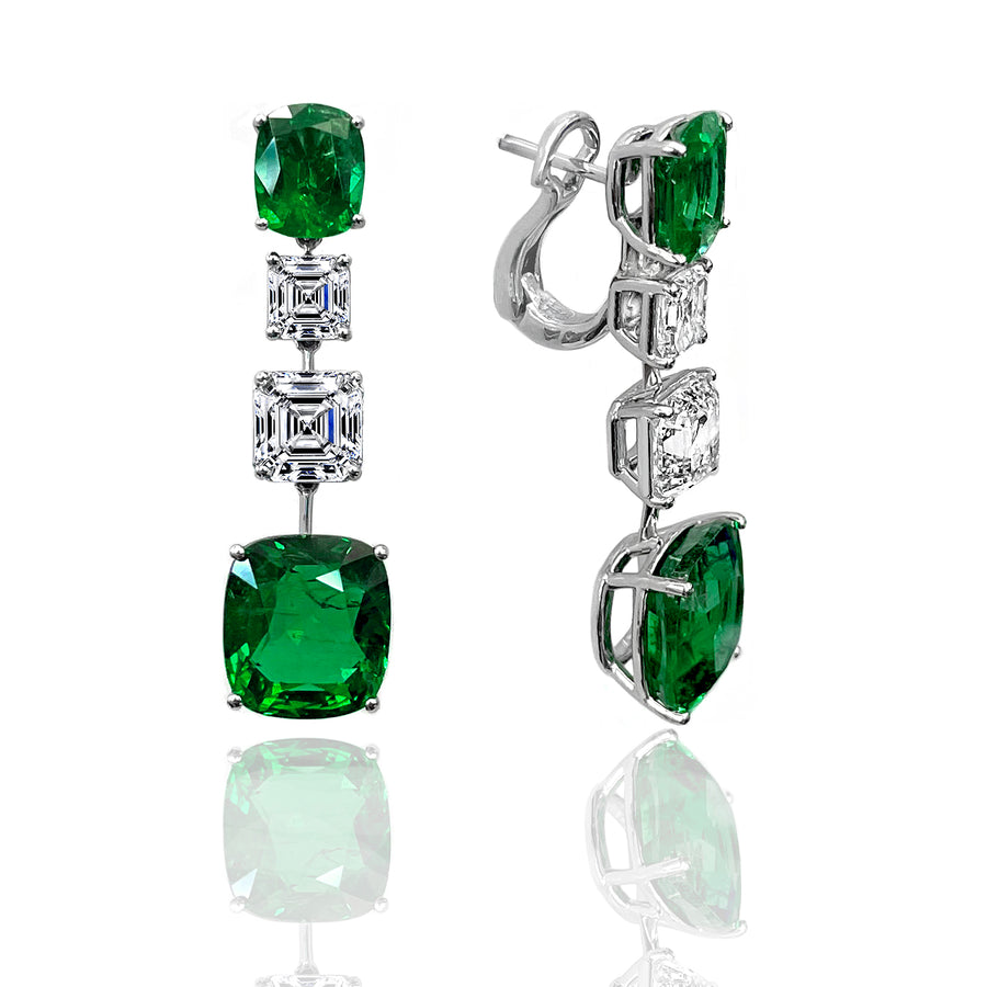 Emerald Cut Diamond and Cushion Shaped Emerald Pendulum Drop Earrings