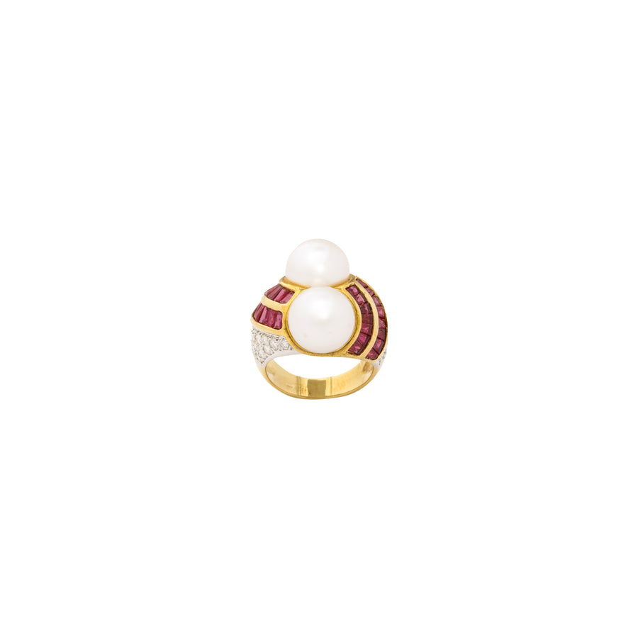 Double Pearl, Ruby, + Diamond Cocktail Ring