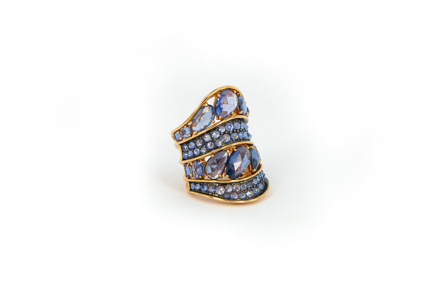 Rose Cut Blue Sapphire and Rose Gold Saddle Ring