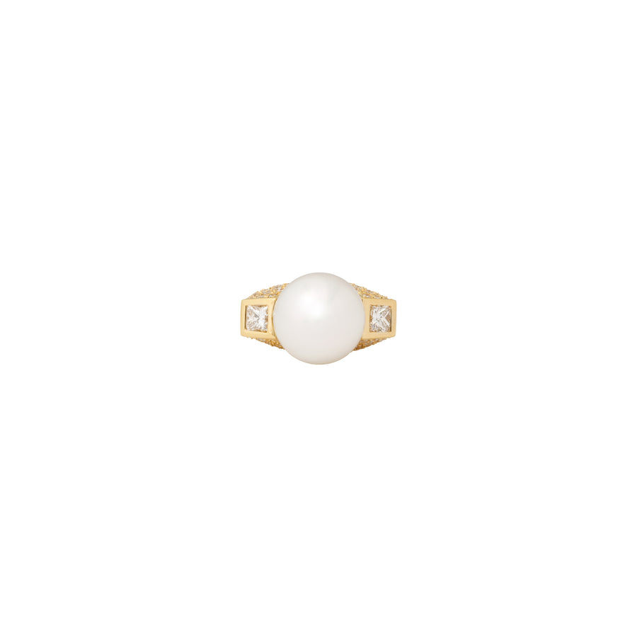 Modern 3-Stone South Sea Pearl + Princess-Cut Diamond Cocktail Ring
