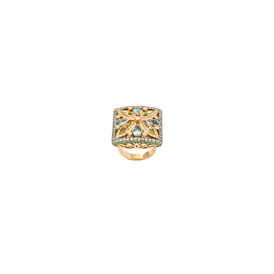 Square Arabesque Multi-Color Gem Stone + Diamond Cocktail Ring