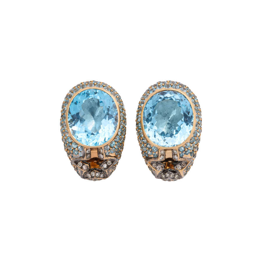 Rose Gold, Oval Blue Topaz, and Diamond Earrings